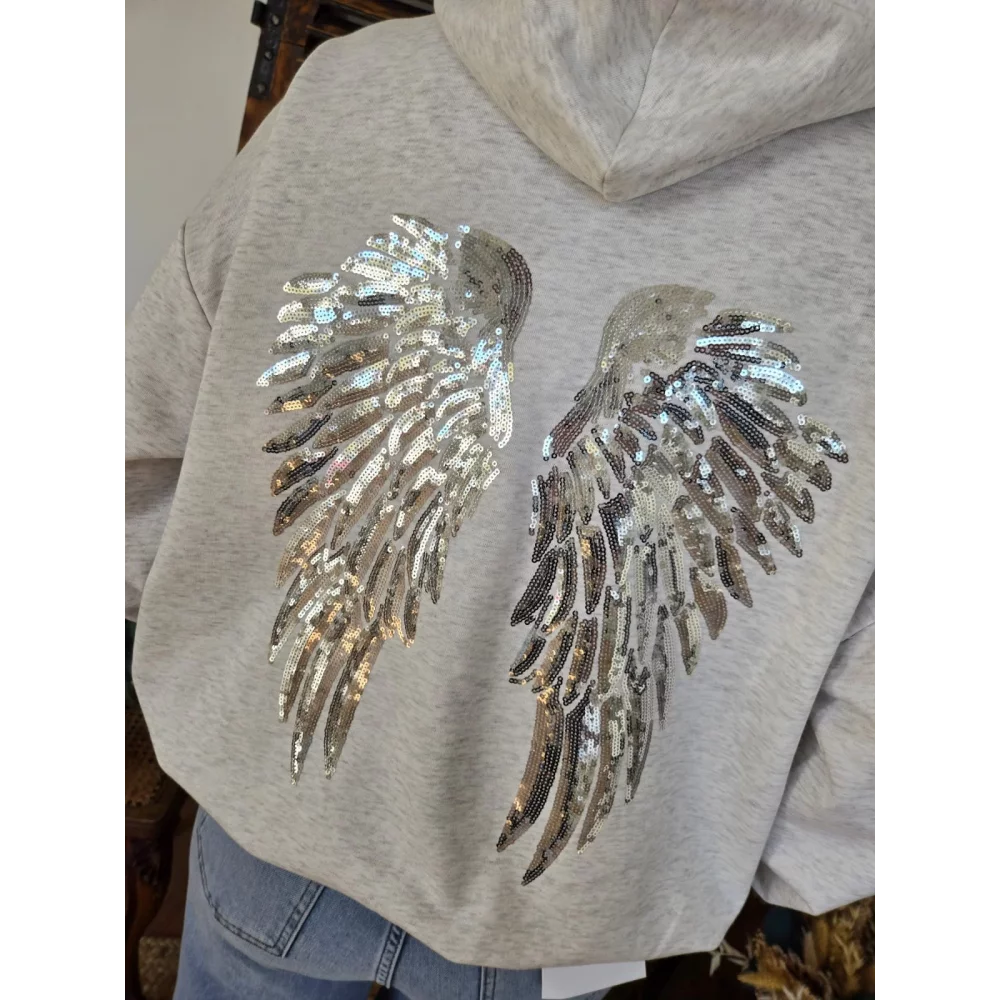 Sweat à capuche gris ailes sequins argenté
