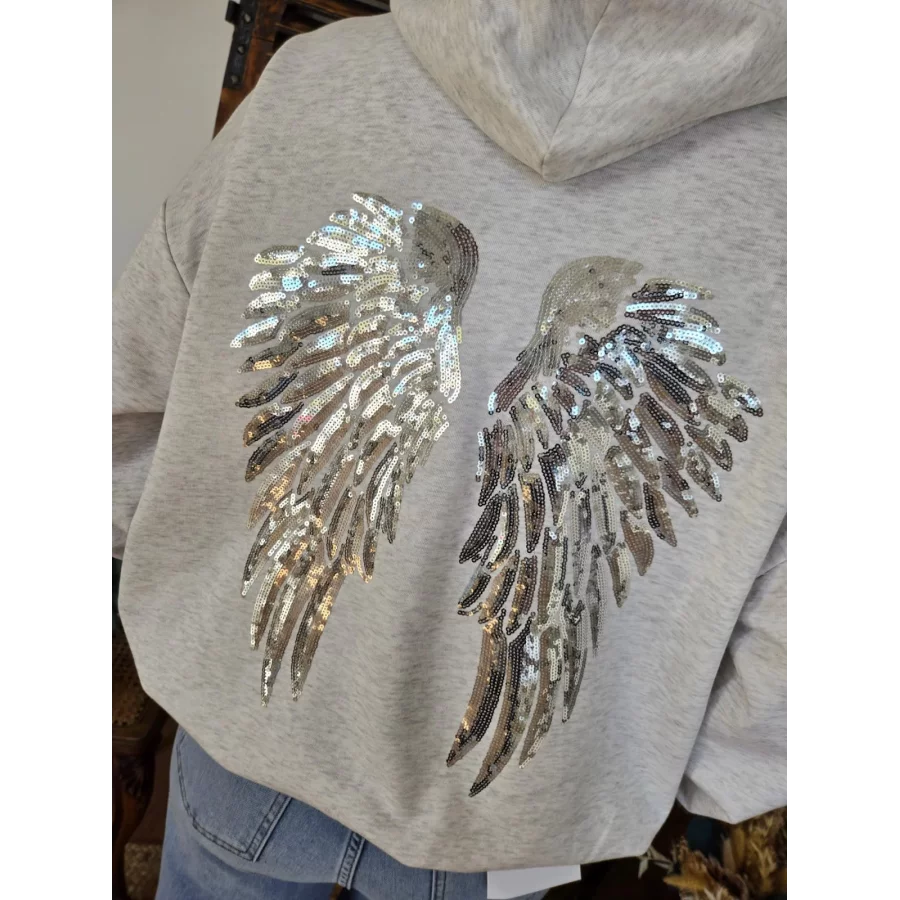 Sweat à capuche gris ailes sequins argenté