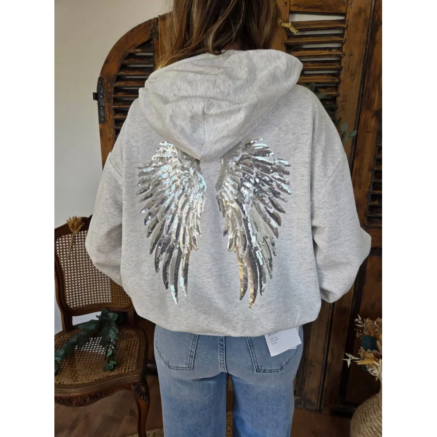 Sweat à capuche gris ailes sequins argenté