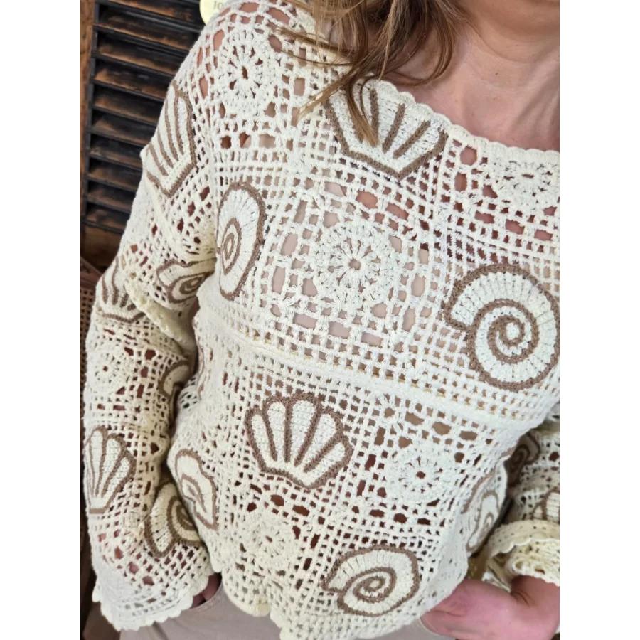 Pull Colin maille crochet beige et coquillage taupe
