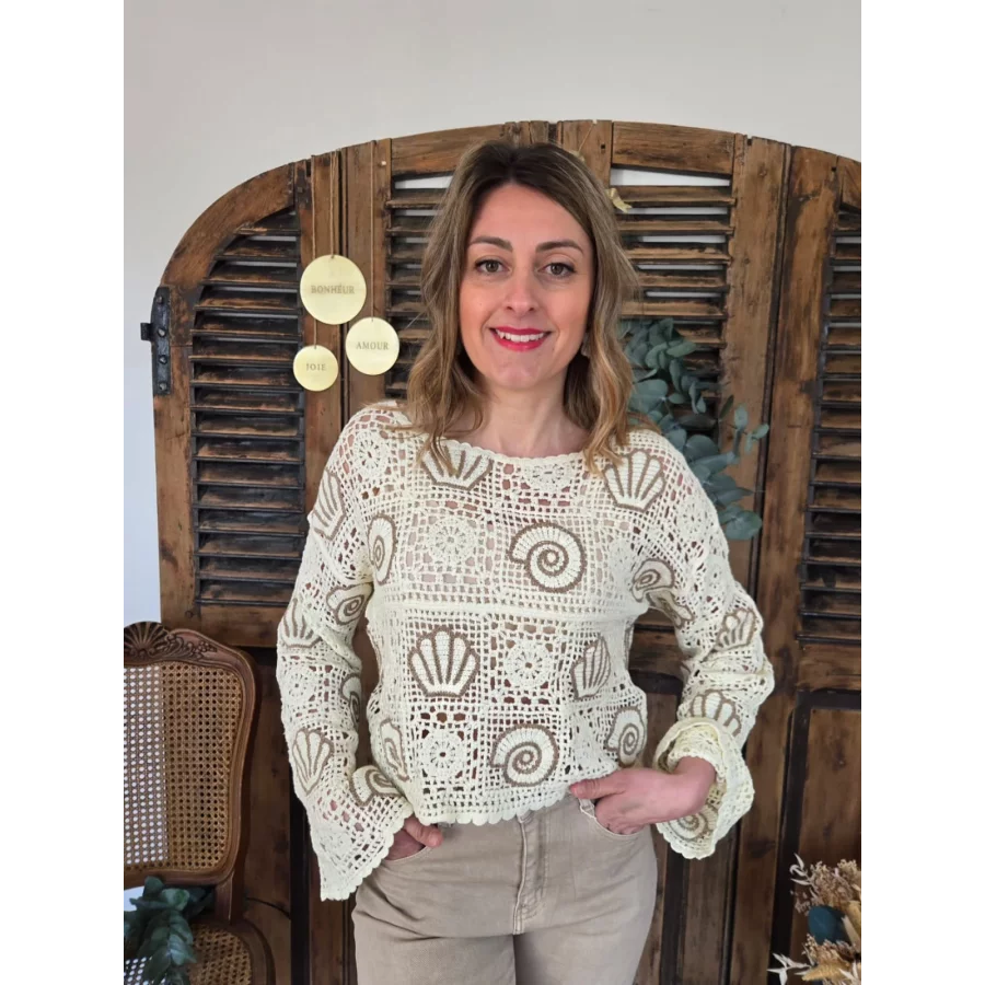 Pull Colin maille crochet beige et coquillage taupe