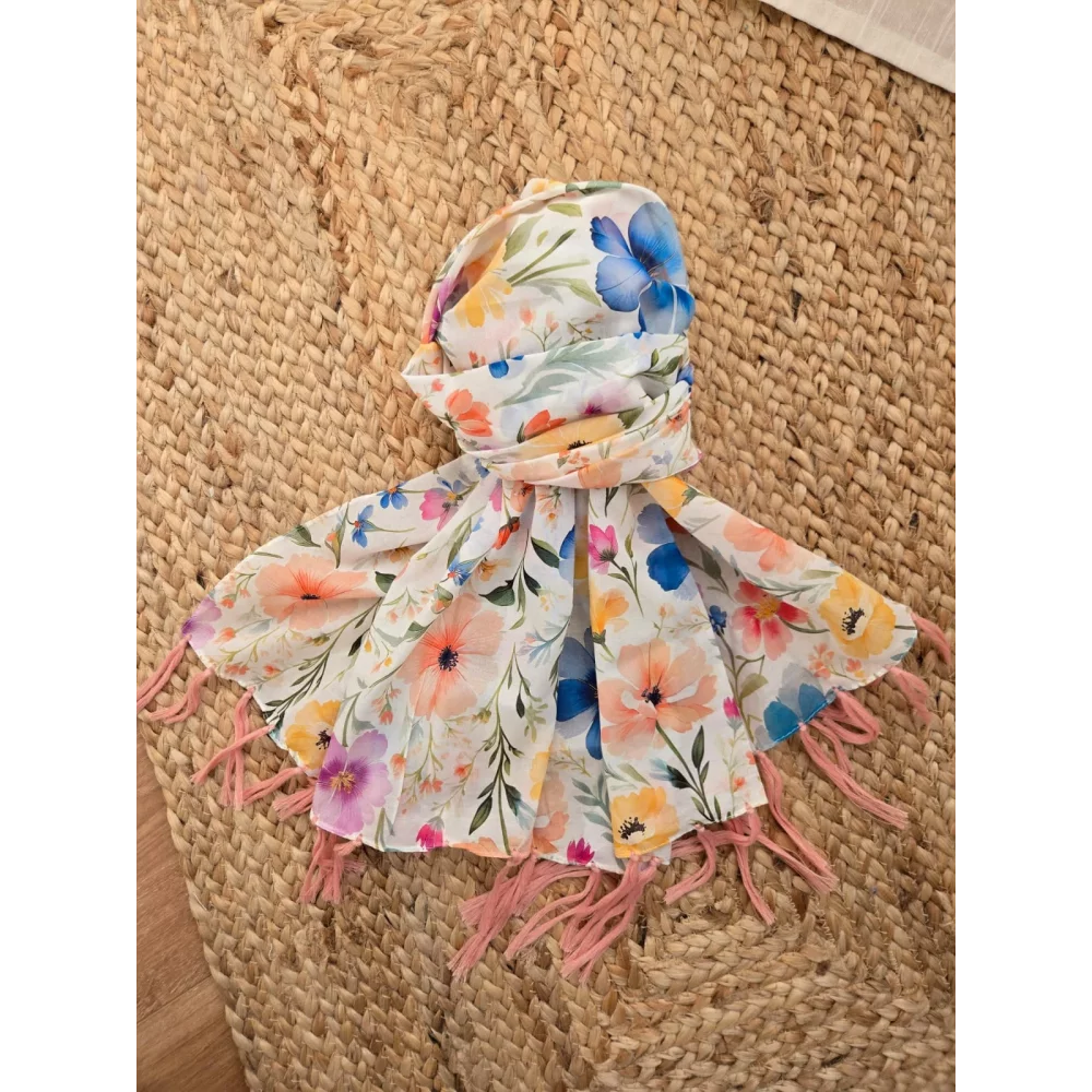 Foulard fleurs multicolores franges rose