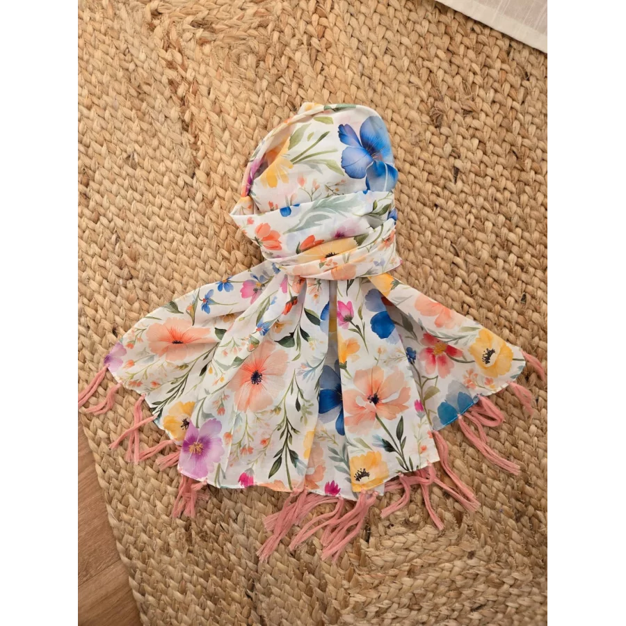 Foulard fleurs multicolores franges rose