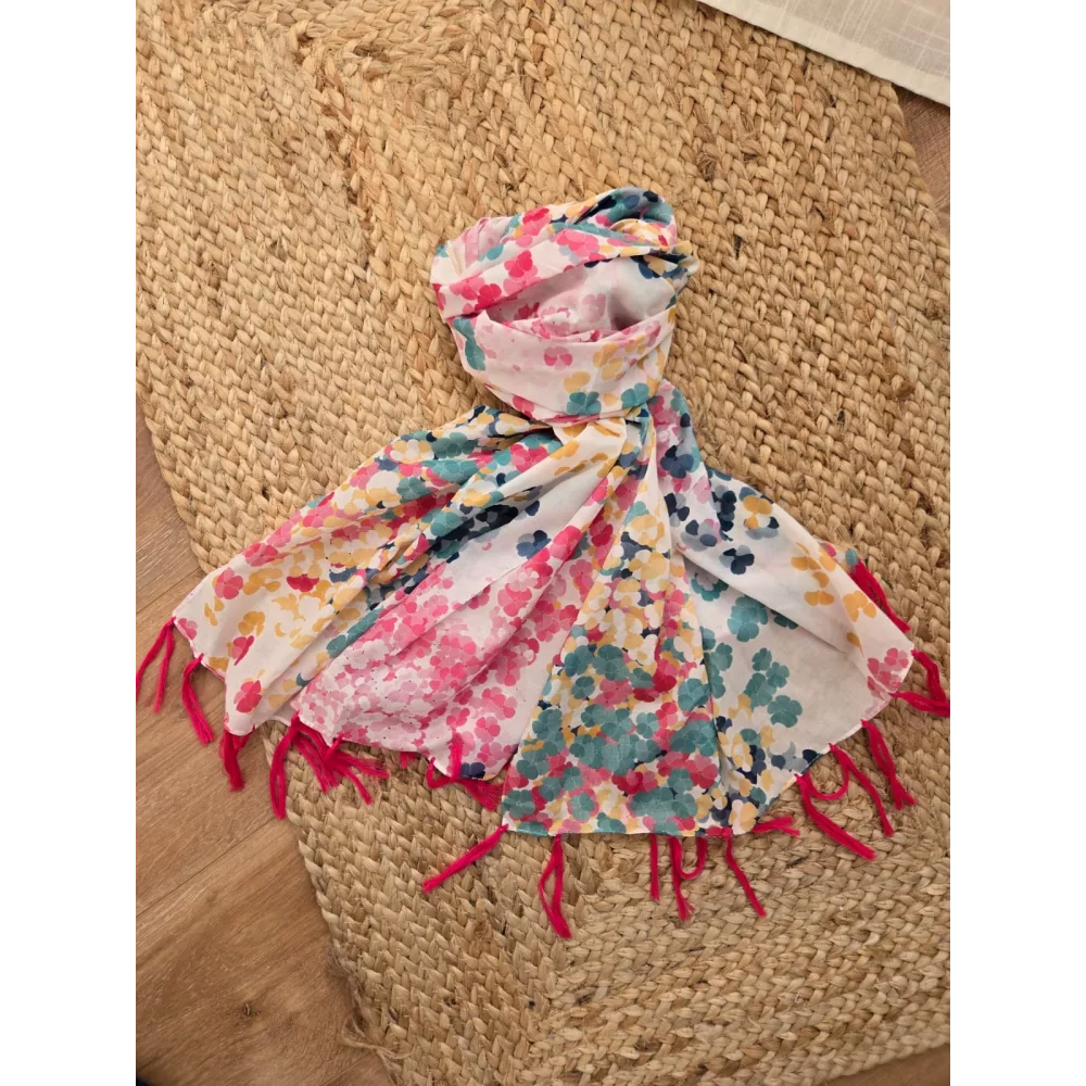 Foulard fleurs multicolores franges fuchsia