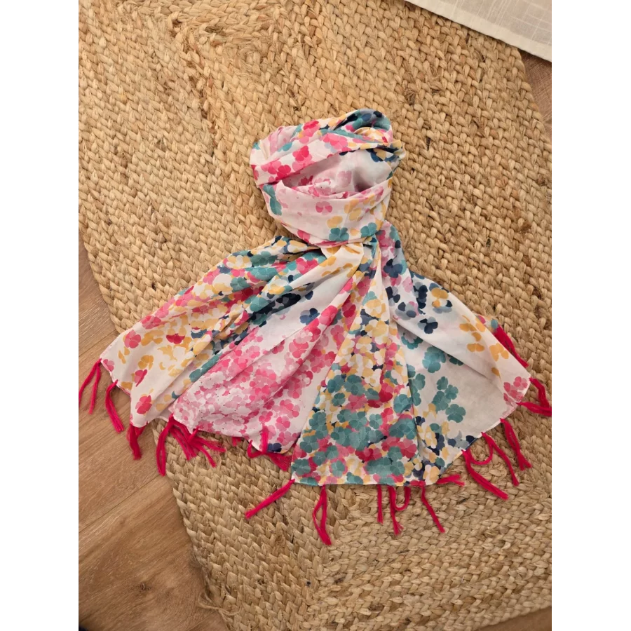 Foulard fleurs multicolores franges fuchsia