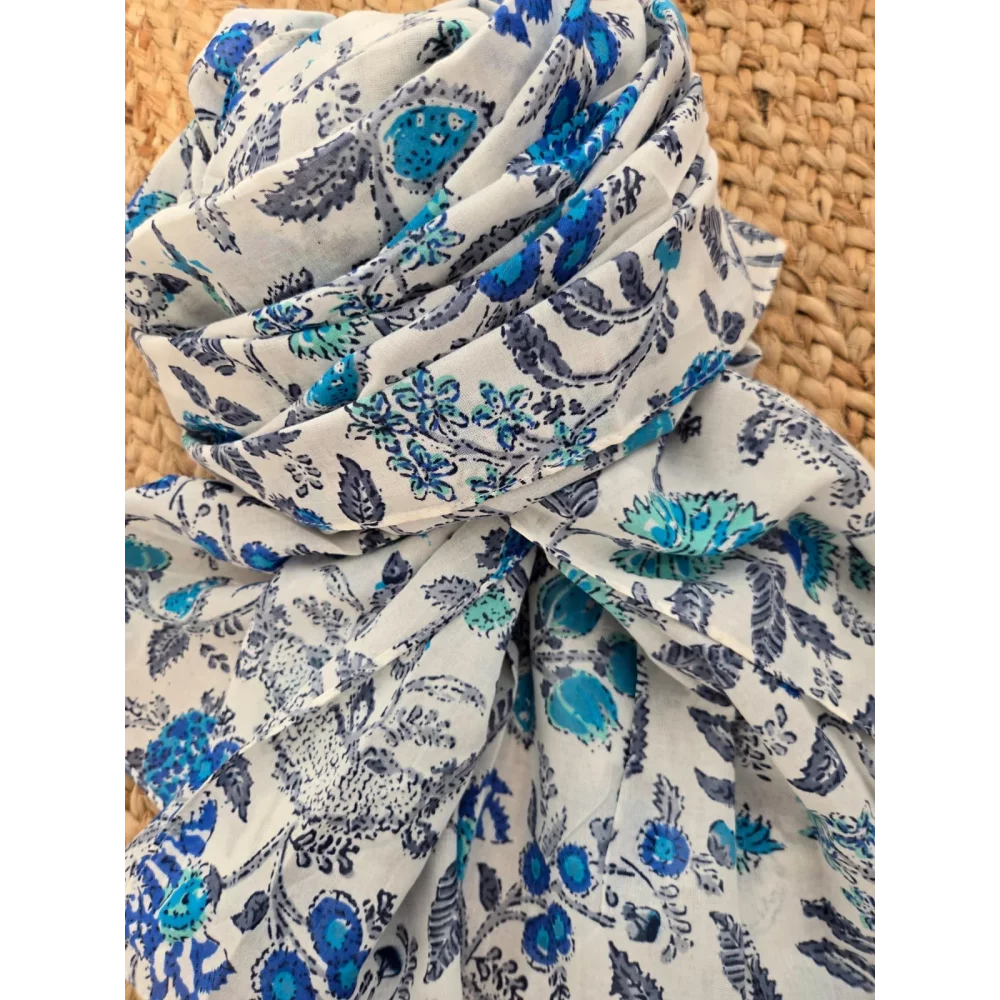Foulard coton fleurs bleu