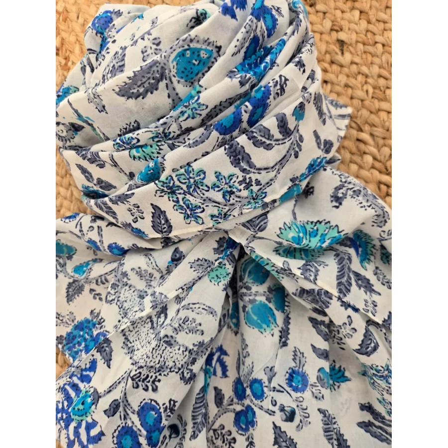 Foulard coton fleurs bleu