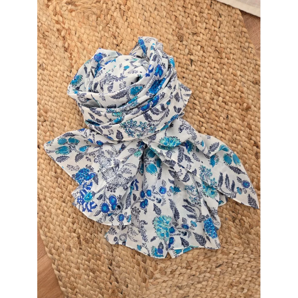 Foulard coton fleurs bleu