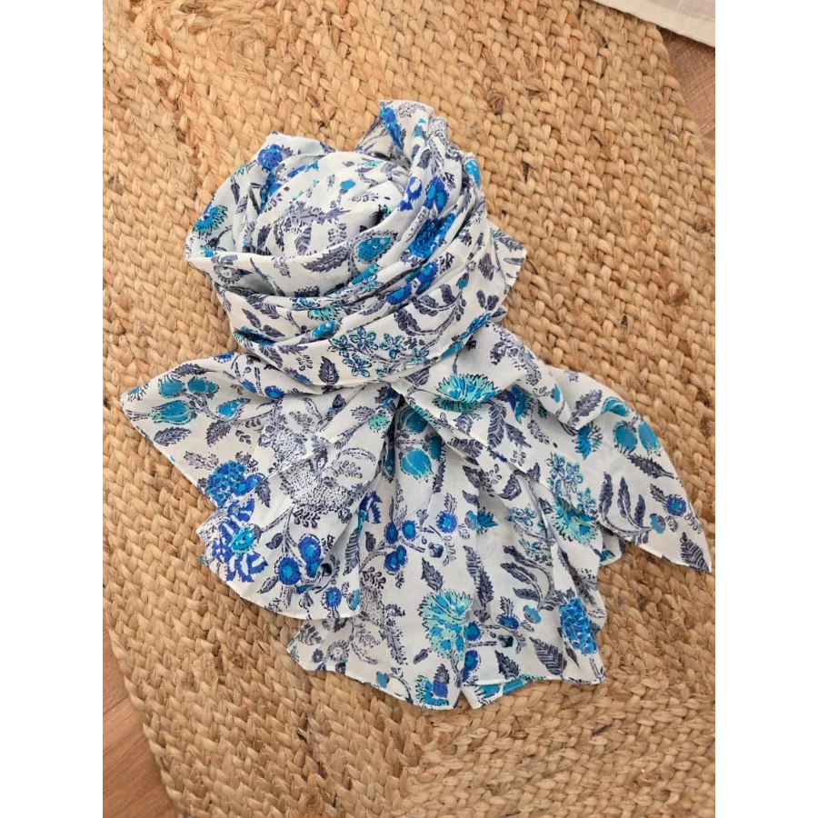 Foulard coton fleurs bleu