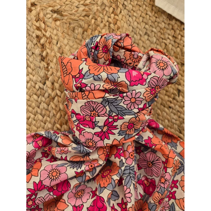 Echarpe coton fleurs rose corail