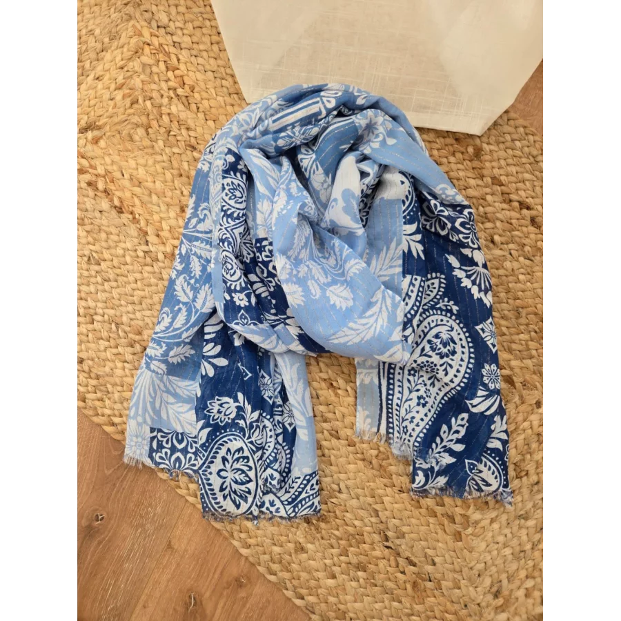Foulard patchwork bleu lurex doré
