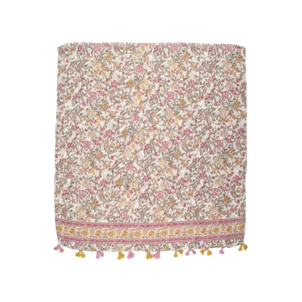 Foulard fleurs kaki et rose pompons