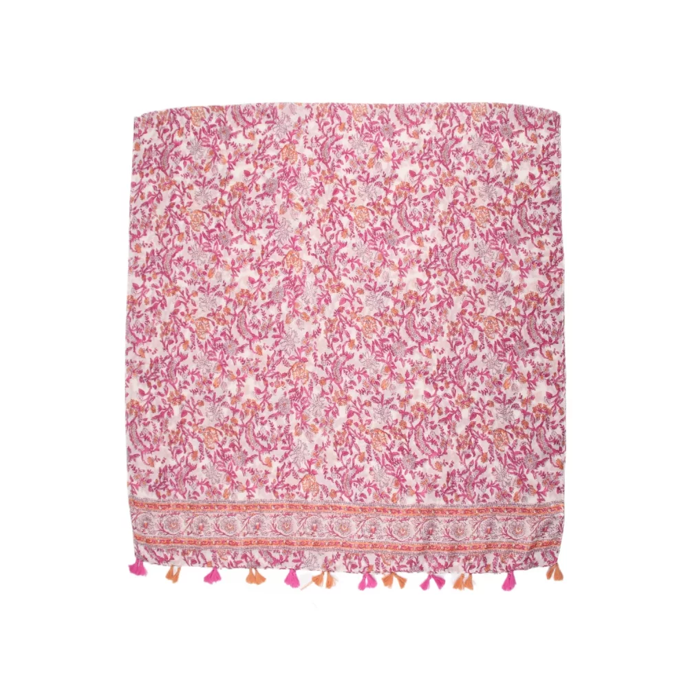 Foulard fleurs rose pompons