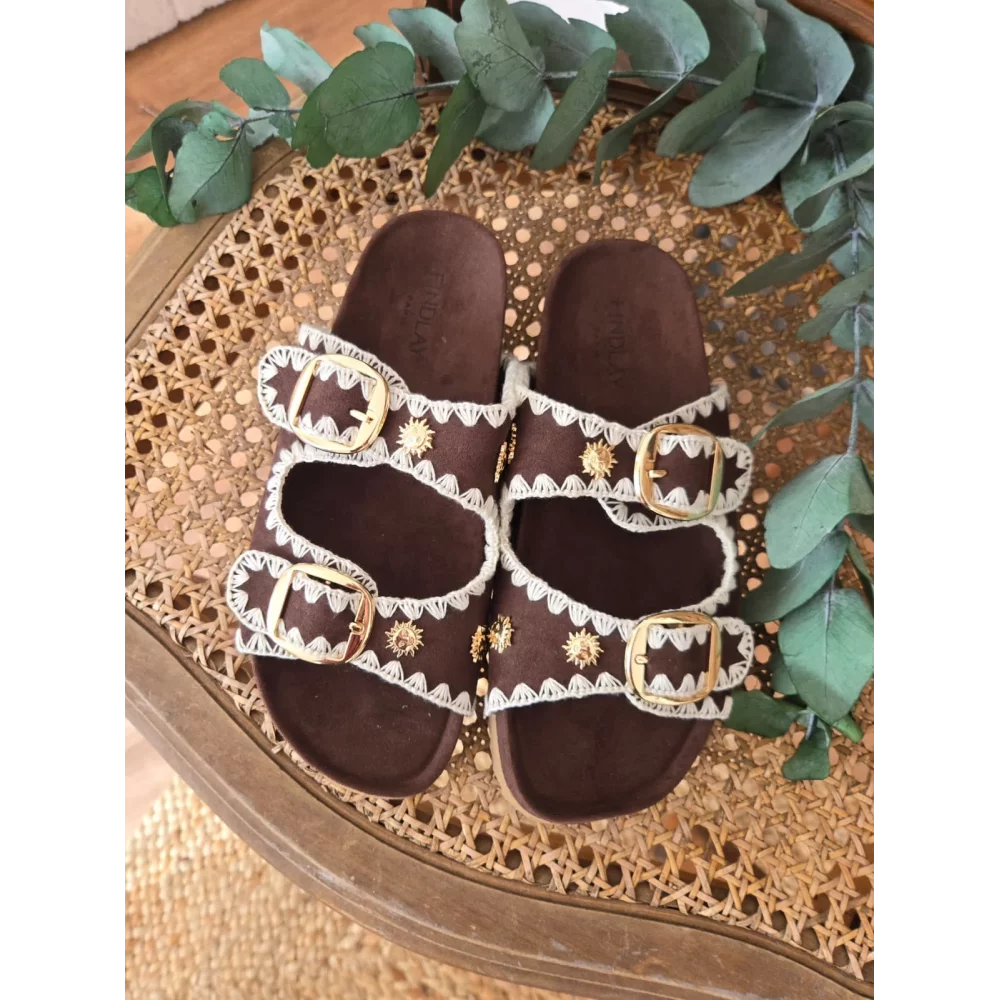 Mules claquettes choco broderies et soleil