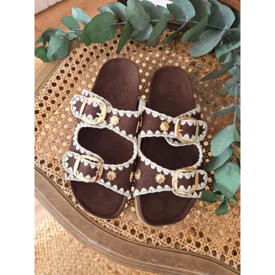 Mules claquettes choco broderies et soleil