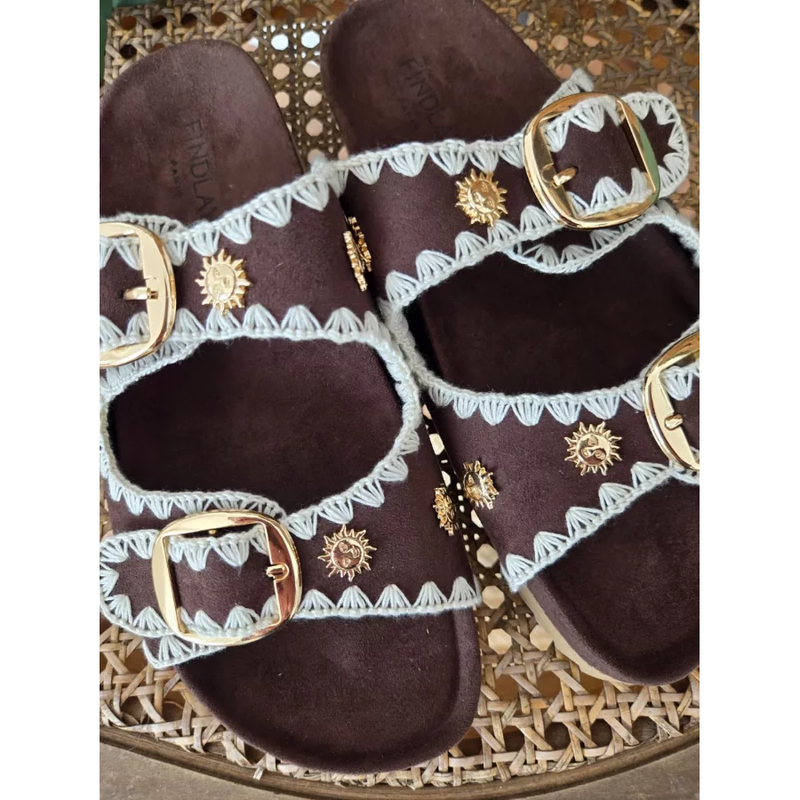 Mules claquettes choco broderies et soleil