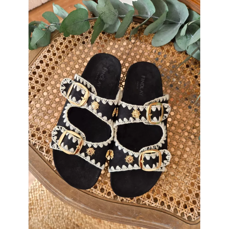 Mules claquettes noir broderies et soleil