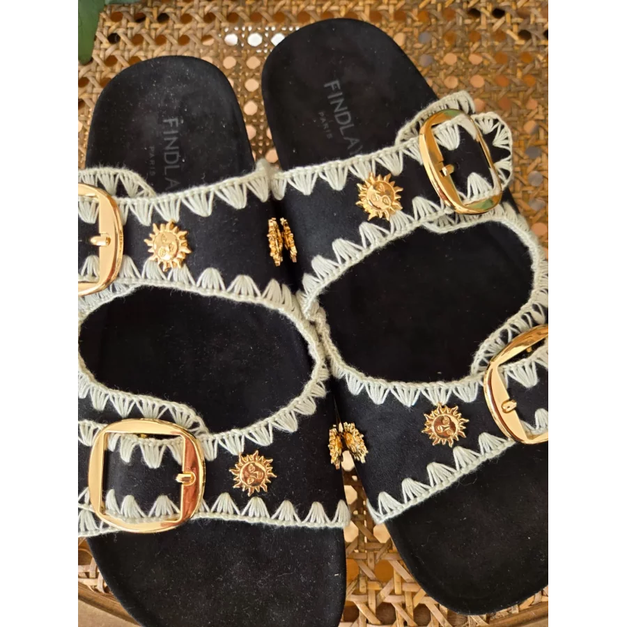 Mules claquettes noir broderies et soleil