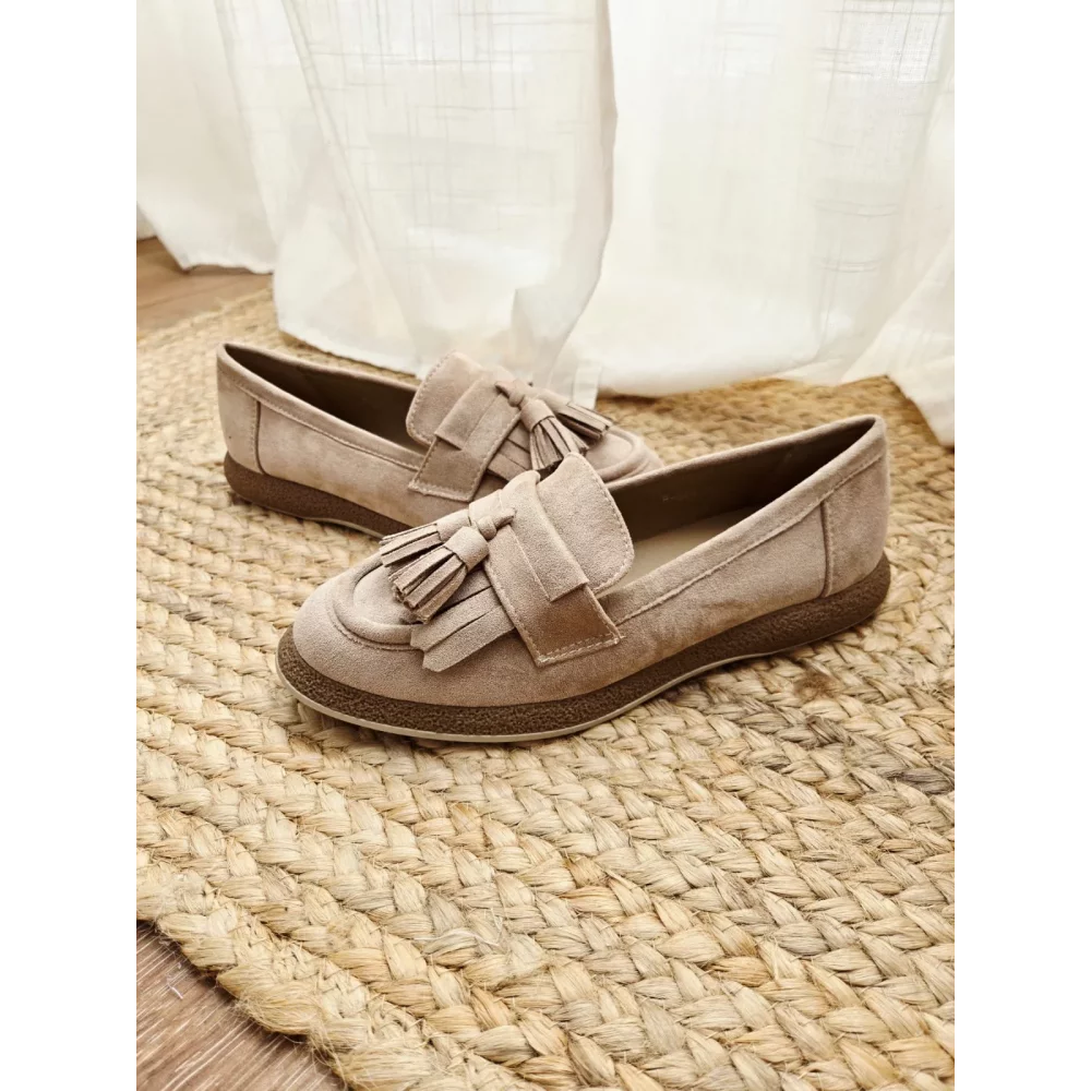 Mocassins beige franges et glands suedine