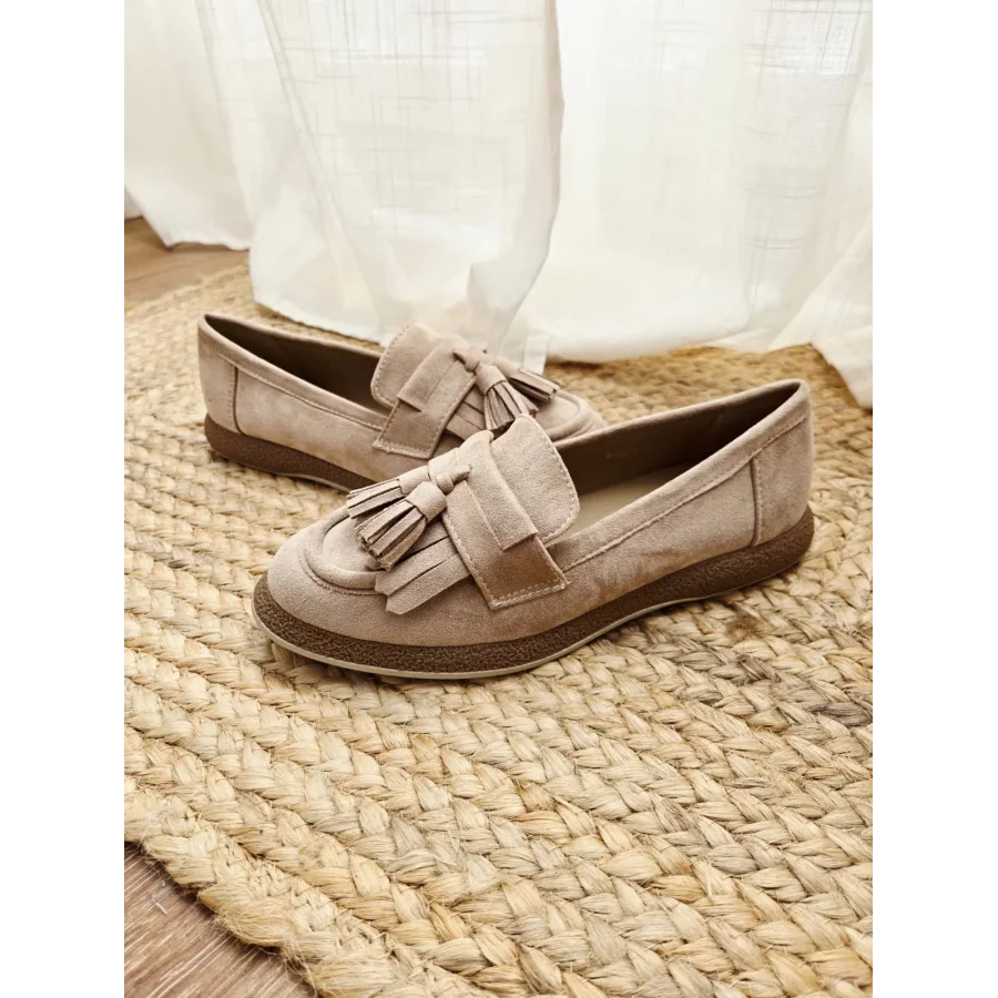 Mocassins beige franges et glands suedine