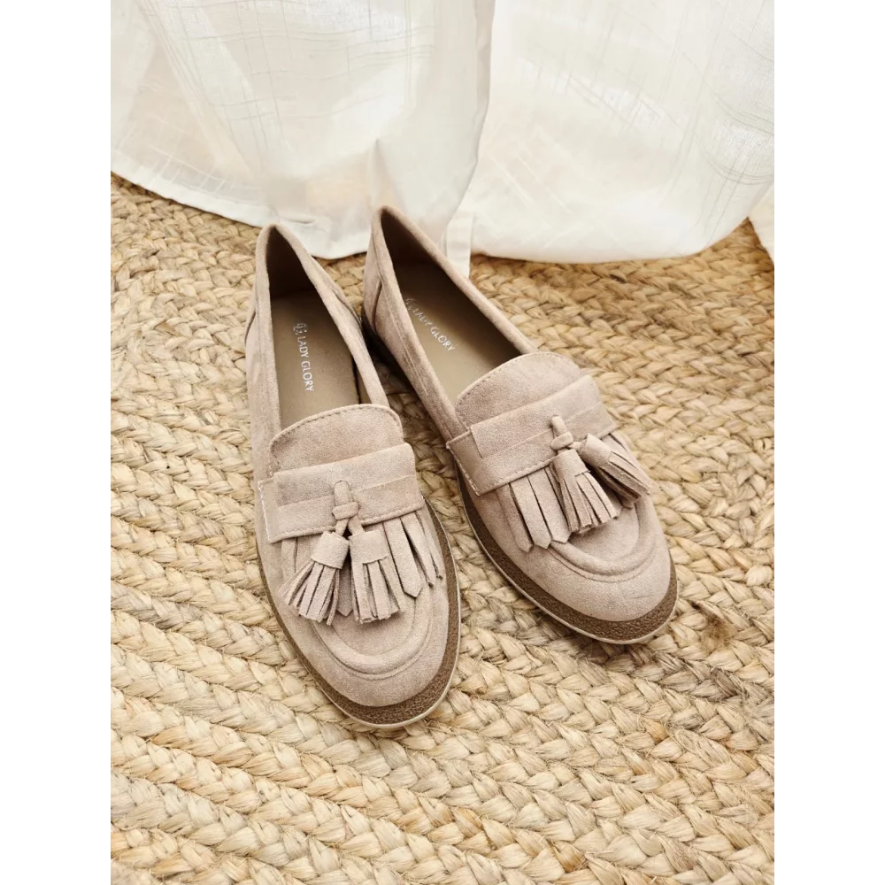 Mocassins beige franges et glands suedine