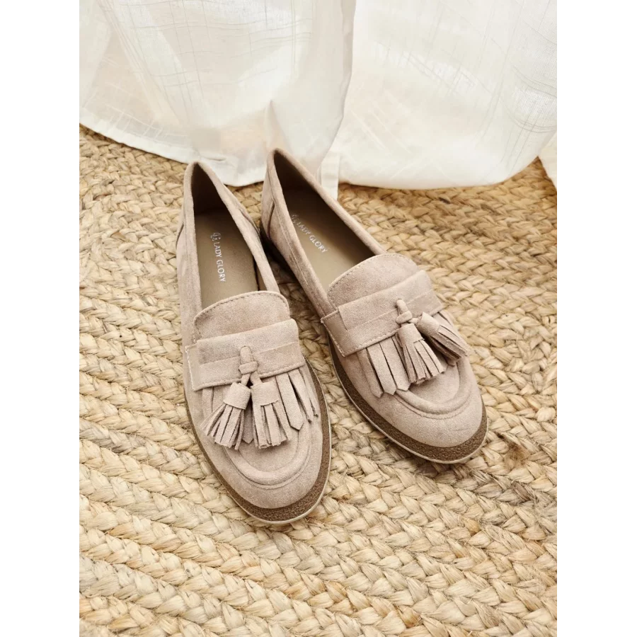 Mocassins beige franges et glands suedine