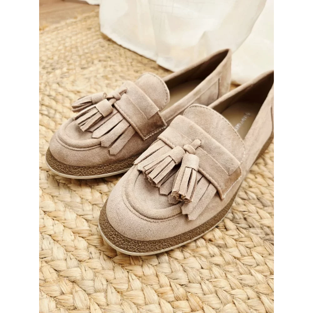 Mocassins beige franges et glands suedine