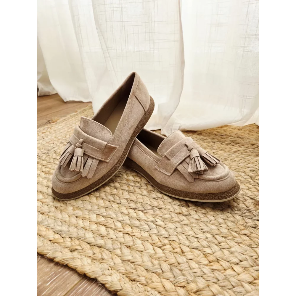 Mocassins beige franges et glands suedine