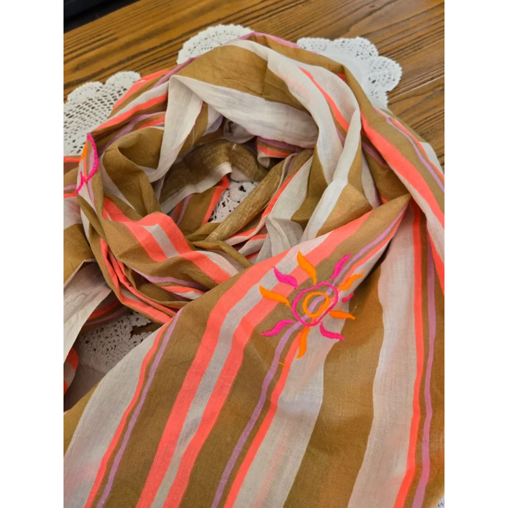 Foulard echarpe coton rayures fluo et broderies