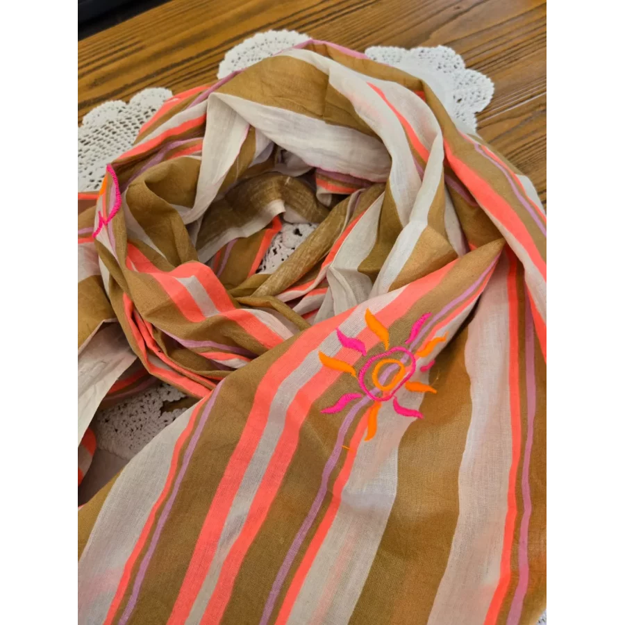 Foulard echarpe coton rayures fluo et broderies