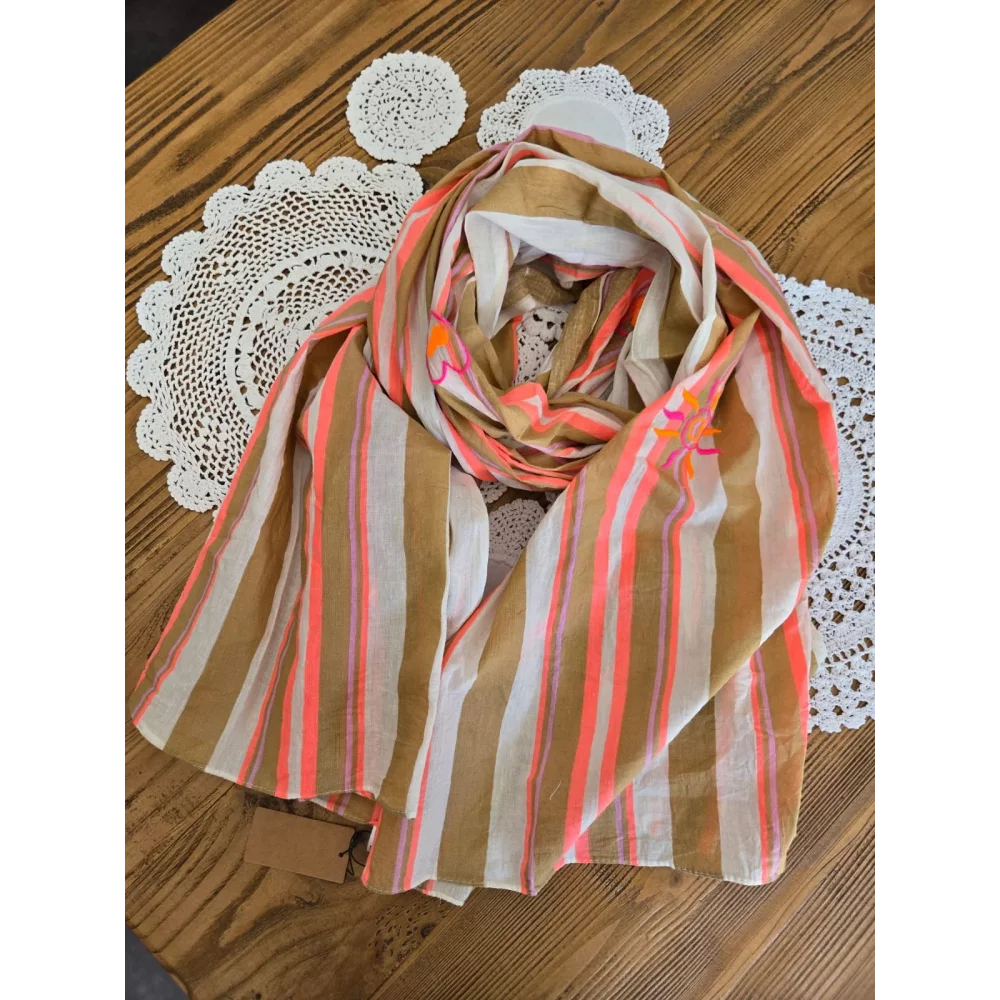 Foulard echarpe coton rayures fluo et broderies
