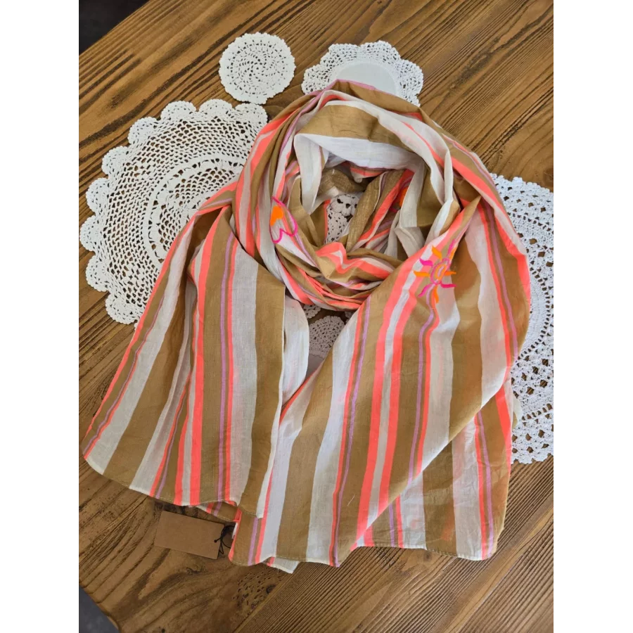 Foulard echarpe coton rayures fluo et broderies