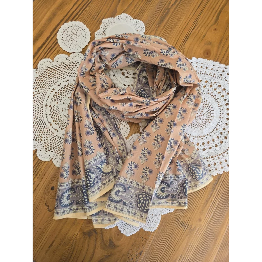 Foulard echarpe coton beige fleurs