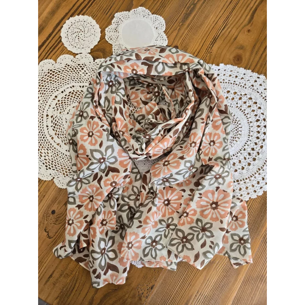 Foulard Echarpe en coton fleurs beige et kaki