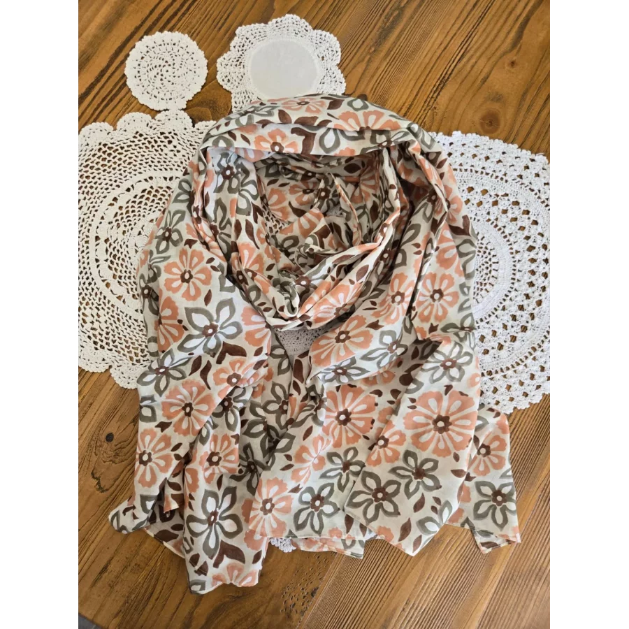 Foulard Echarpe en coton fleurs beige et kaki