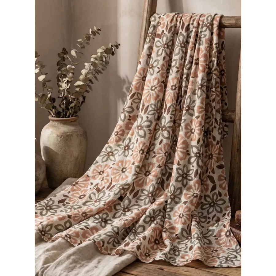 Foulard Echarpe en coton fleurs beige et kaki