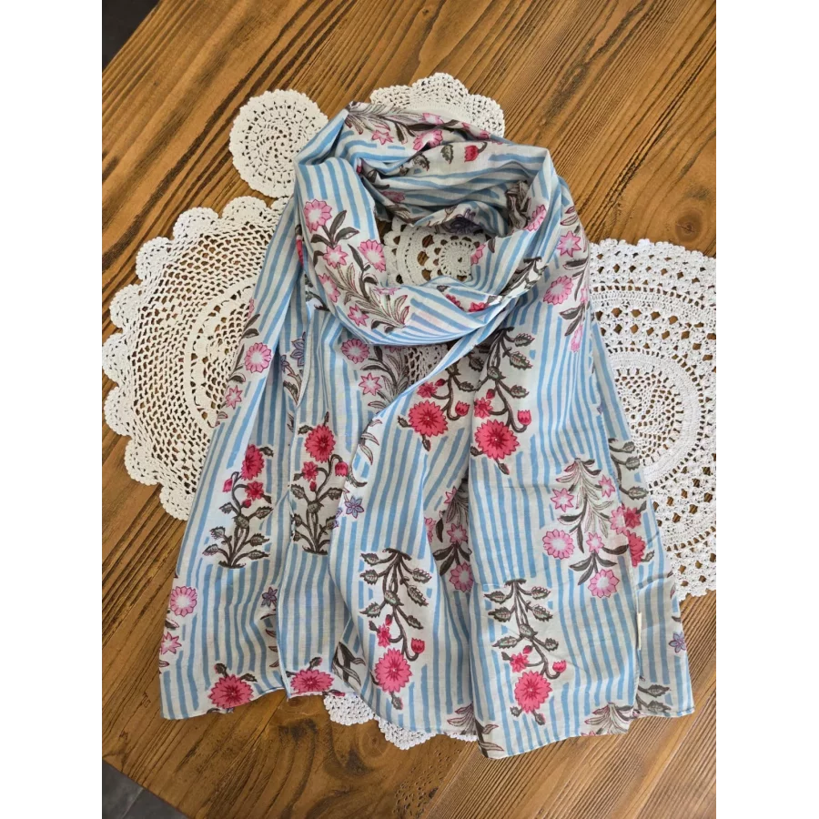 Foulard echarpe en coton rayé bleu et fleurs