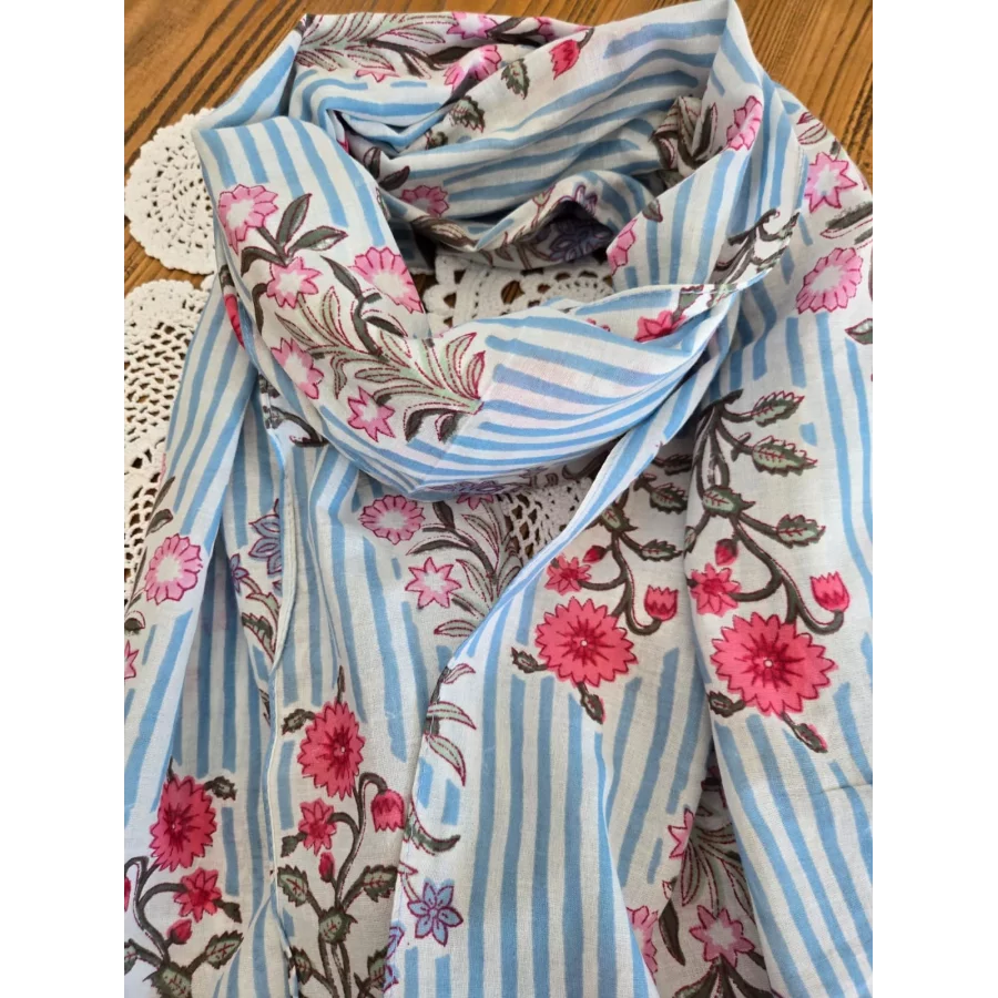 Foulard echarpe en coton rayé bleu et fleurs