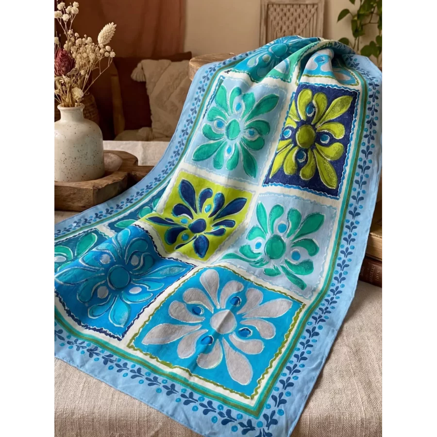 Foulard echarpe en coton imprimé bleu