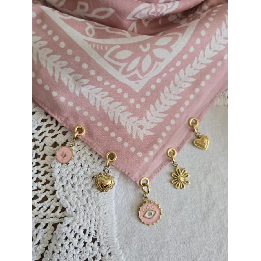 Foulard bandana rose et blanc coton et breloques