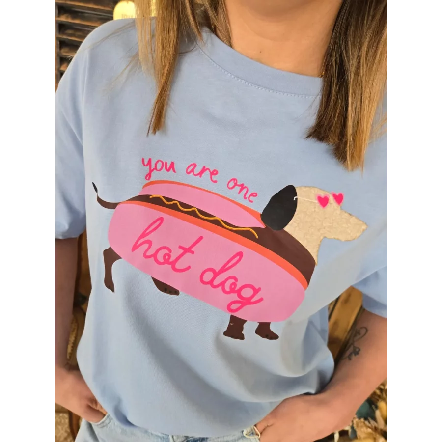T-shirt Teckel Hot Dog bleu ciel