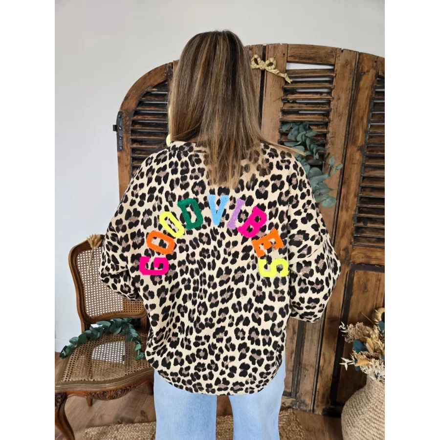 Sweat leopard beige GOOD VIBES au dos