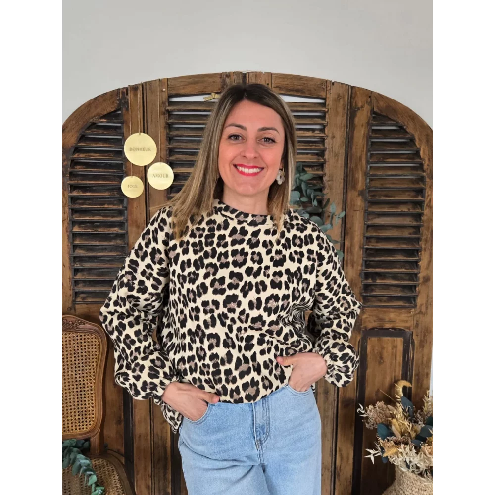 Sweat leopard beige GOOD VIBES au dos