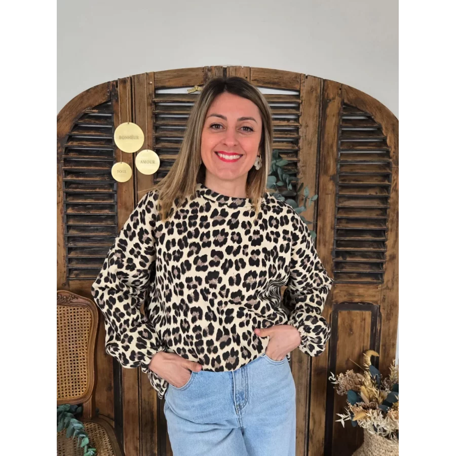 Sweat leopard beige GOOD VIBES au dos