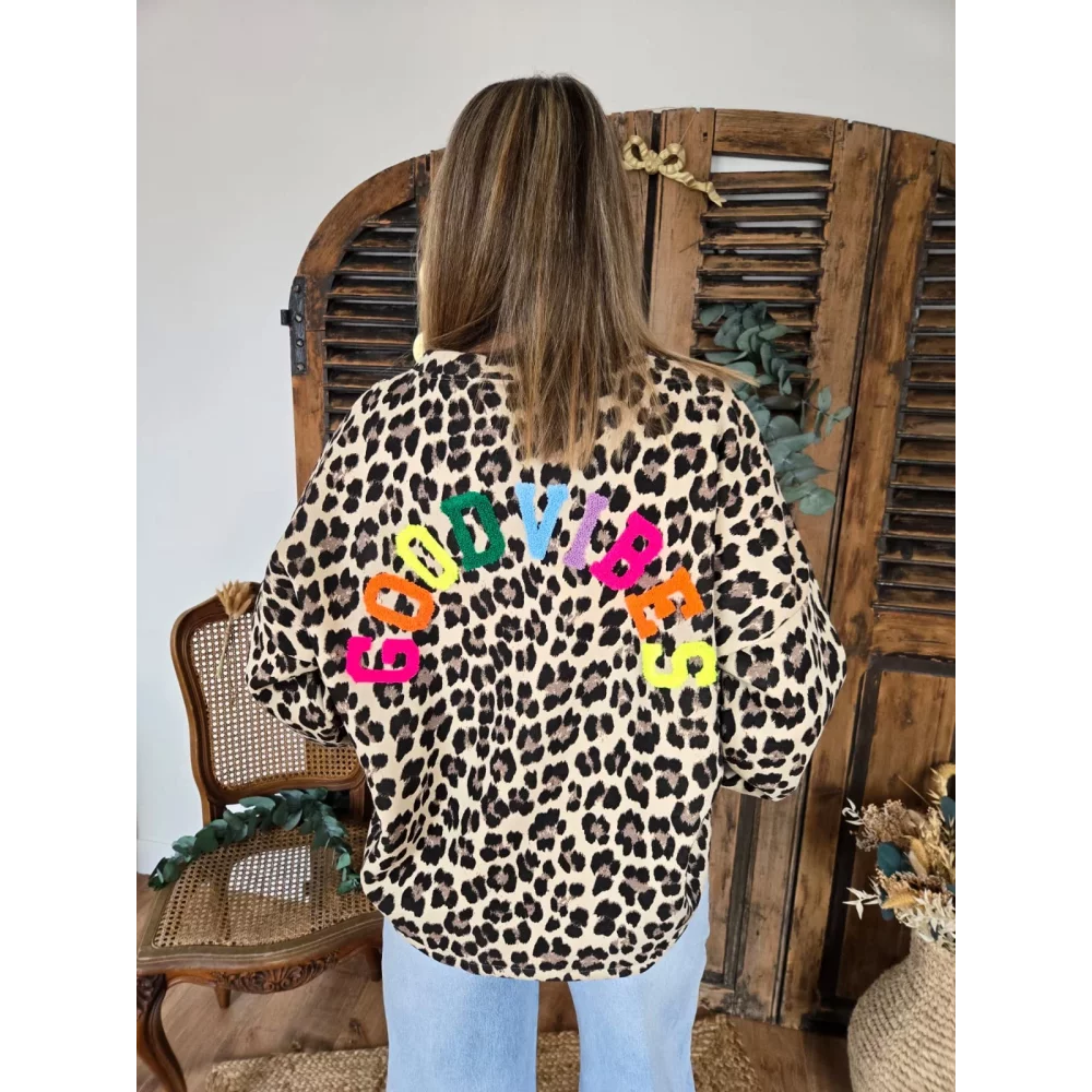 Sweat leopard beige GOOD VIBES au dos