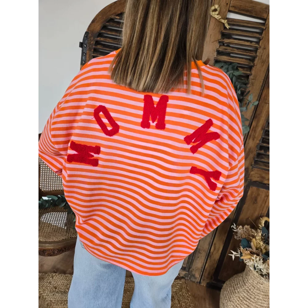 Sweat fin Mommy rayé orange et rose