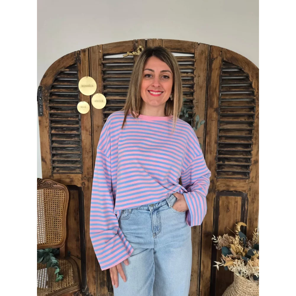 Sweat fin Mommy rayé ciel et rose