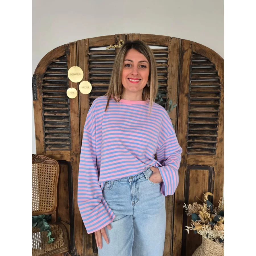 Sweat fin Mommy rayé ciel et rose