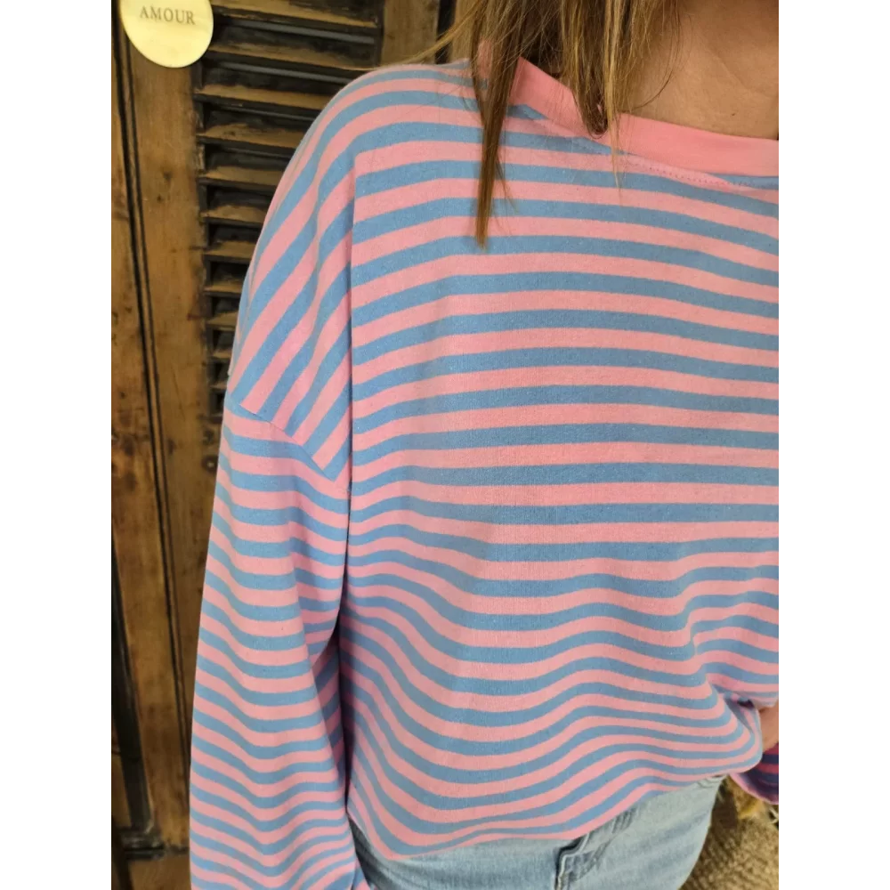 Sweat fin Mommy rayé ciel et rose