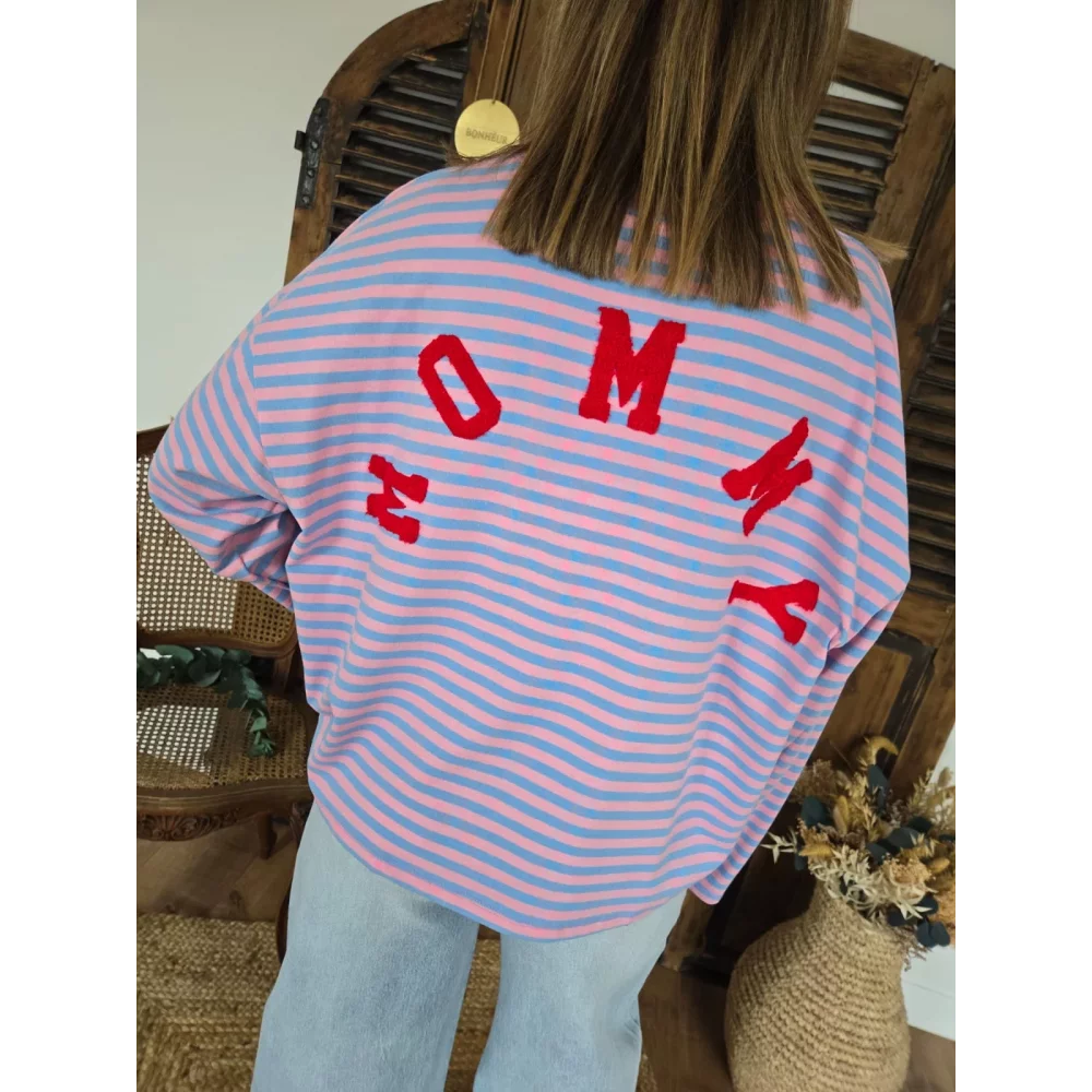 Sweat fin Mommy rayé ciel et rose